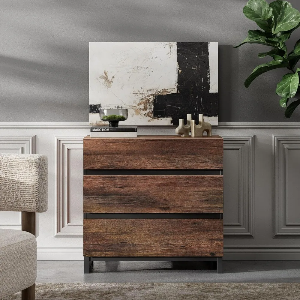 Cômoda moderna de madeira com 3 gavetas e base de metal para armazenamento de quarto e armário