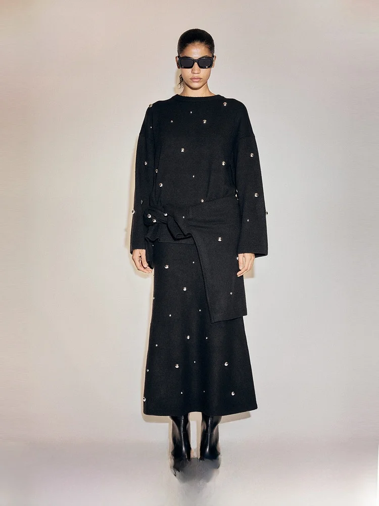 

H&M Women's Woolen Knitted Dress Summer Evening Gown Rivet Embellished Base Shirt Elegant Casual Style Polyester Blend