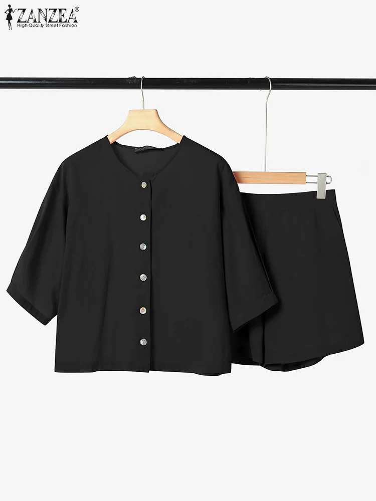 

ZANZEA 2PCS Short Sleeve Blouse Short Sets Summer Women Solid Matching Sets Elegant Work OL Tracksuit 2025 Casual Cotton Outfits