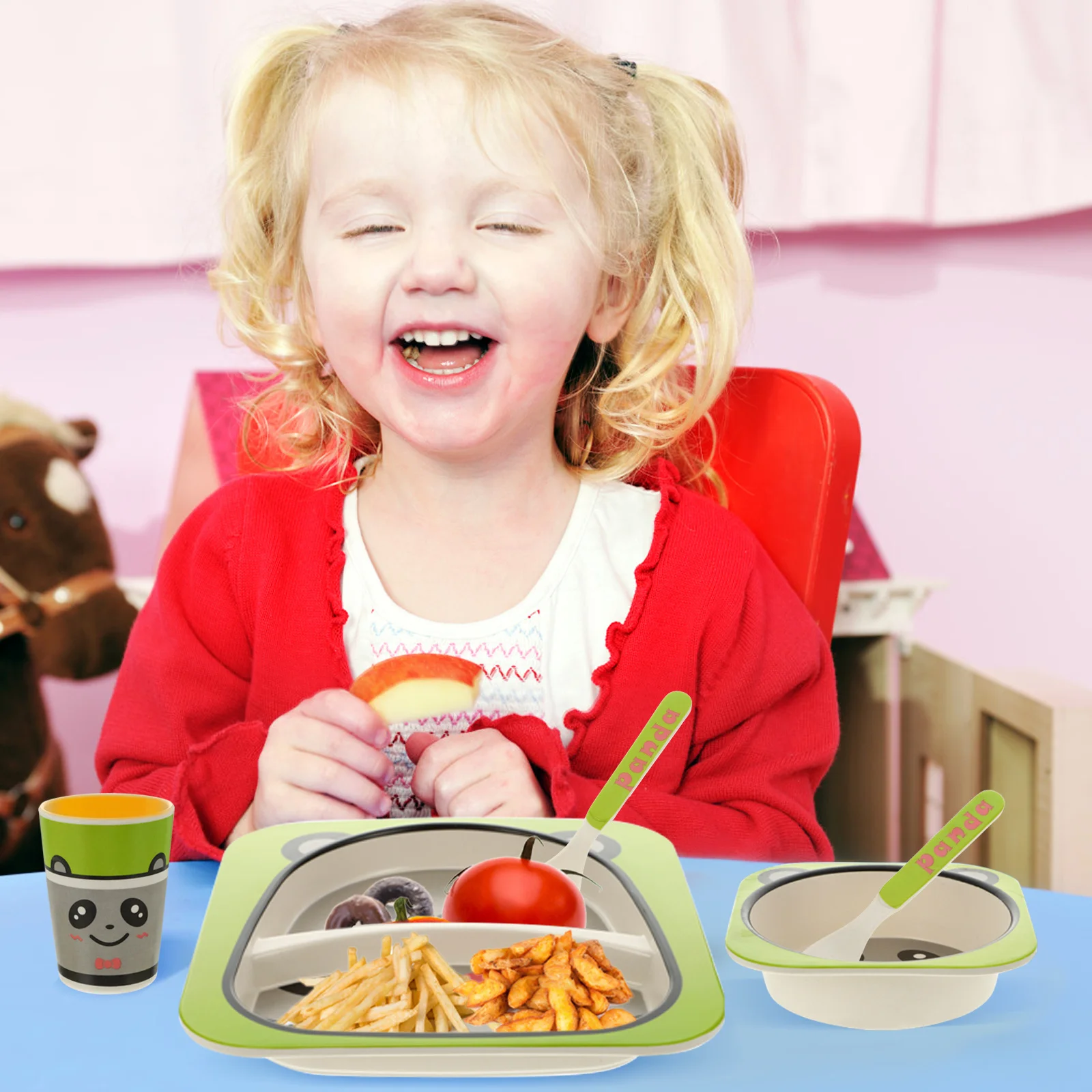 

5Pcs Children Bamboo Dining Kit Toddler Tableware Plate Bowl Cup Fork Spoon Set Independent Feeding Kids Dining Kit