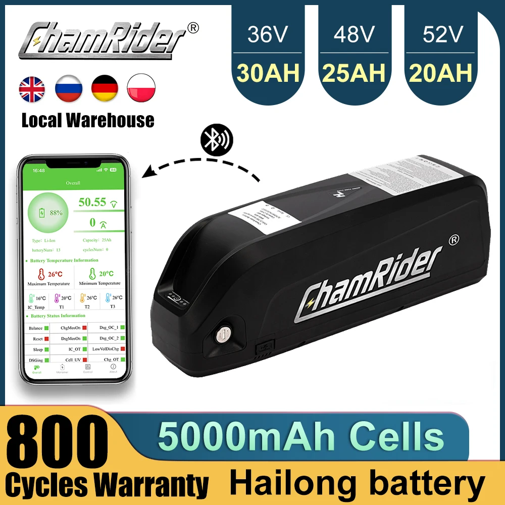 ChamRider Original 48V 36V 52V eBike Battery 20ah Hailong Max 40A BMS 500W 1000W 1500W 21700 Cells Pack Electric Bicycle Lithium