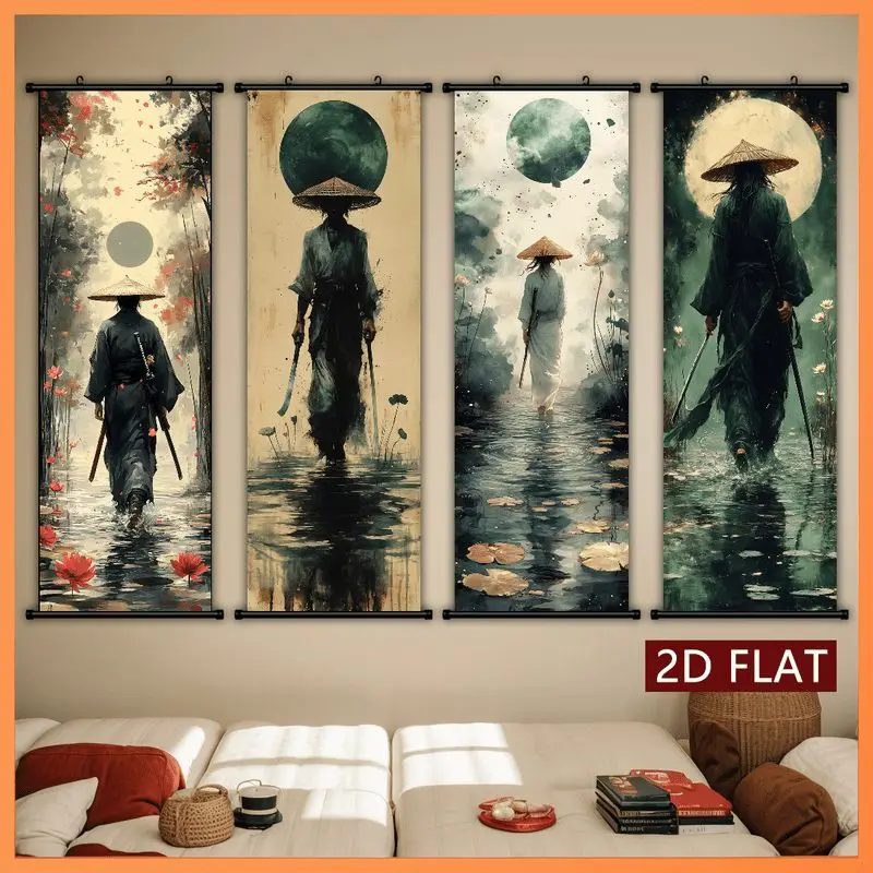 VIKAMA Ink Ronin Samurai Wall Tapestry Straw Hat Lotus Water Lake Japanese Sumi Scroll Art Home Decor Warm Cozy Soft Durable