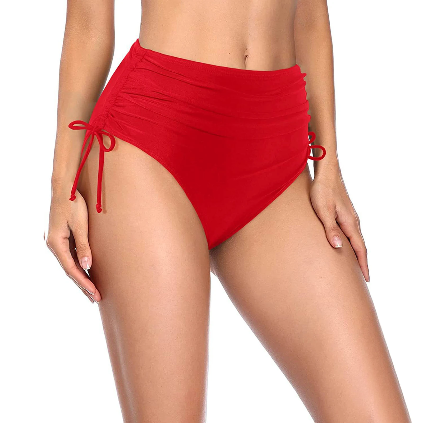 Basic Tight Swimming Bottoms for Female Solid Color High Waist Full Coverage Bikini Split Swimsuit Briefs Beach Drawstring Trunk