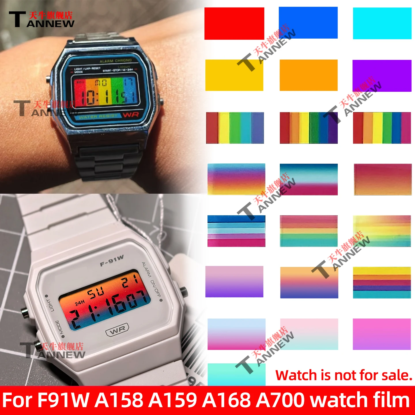 Rainbow Gradient Screen Film for Casio F-91W,Display Sticker for A158W A168 A700 Retro Watch,Easy DIY Installation Accessory