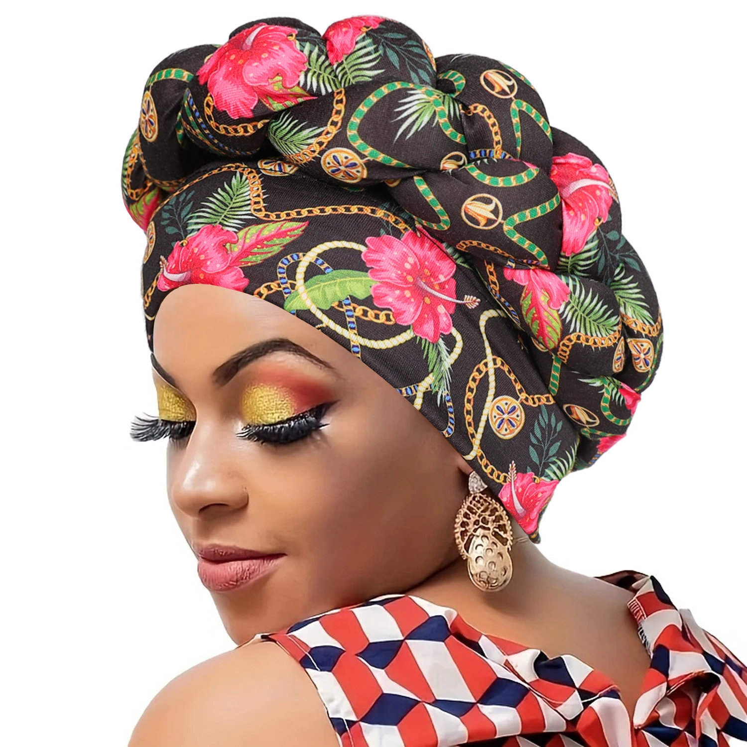 African Big Braid Pre-tied Turban Cap Printing Classic Head Wrap Elastic Bonnet Beanie Chemo Hats For Women