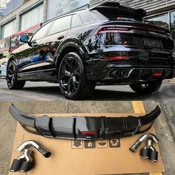 For Audi Q8 SQ8 2018 2019 2020 2021 2022 2023 Rear Bumper Diffuser & Exhaust Tips Trunk Door Lip Spoiler Real Carbon Fiber