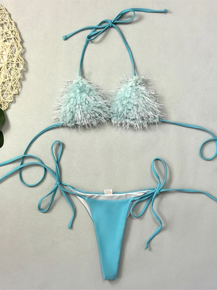 2025 مثير النساء ملابس السباحة الإناث الصلبة الأسود مايكرو الفراء مجموعة البكيني رفع ملابس السباحة ثونغ البرازيلي السباحة ثوب السباحة