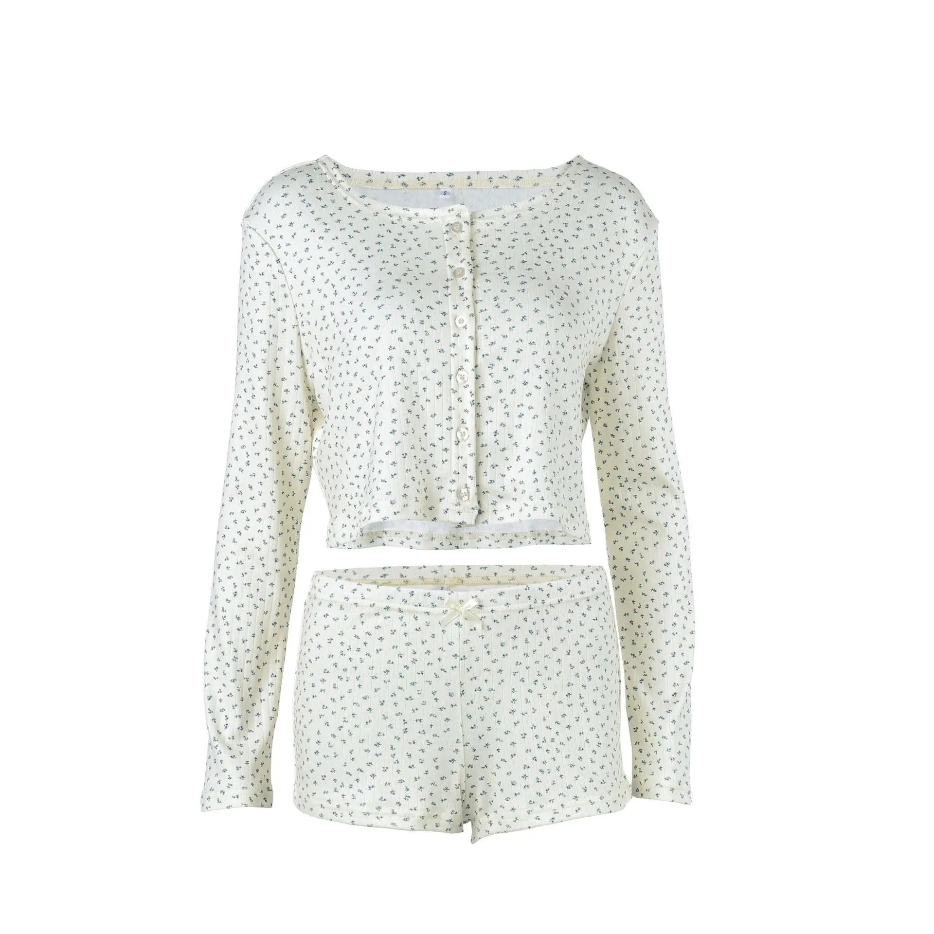 Shpmishal 2026 Jacquard Knit Pajama Set Women Long Sleeve Top Short Pants 2 Piece Loungewear Soft Sleepwear Spring Summer