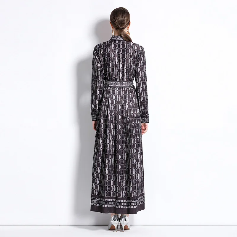 CH Womens CHCH Letter Print Shirt Dress Long Sleeve Belted Bow Tie Maxi Dress Button Down Elegant Fashion