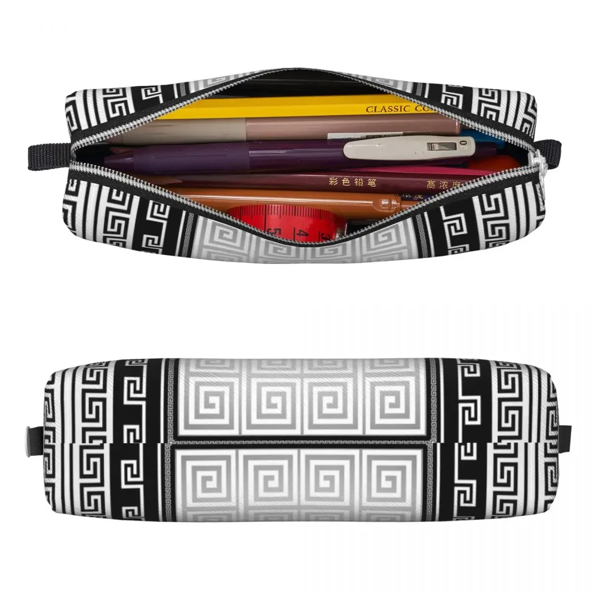 Fashion Greek Key White Silver Gray Pencil Case Pencilcases Pen Box for Student Large Bag Students School Gifts Stationery