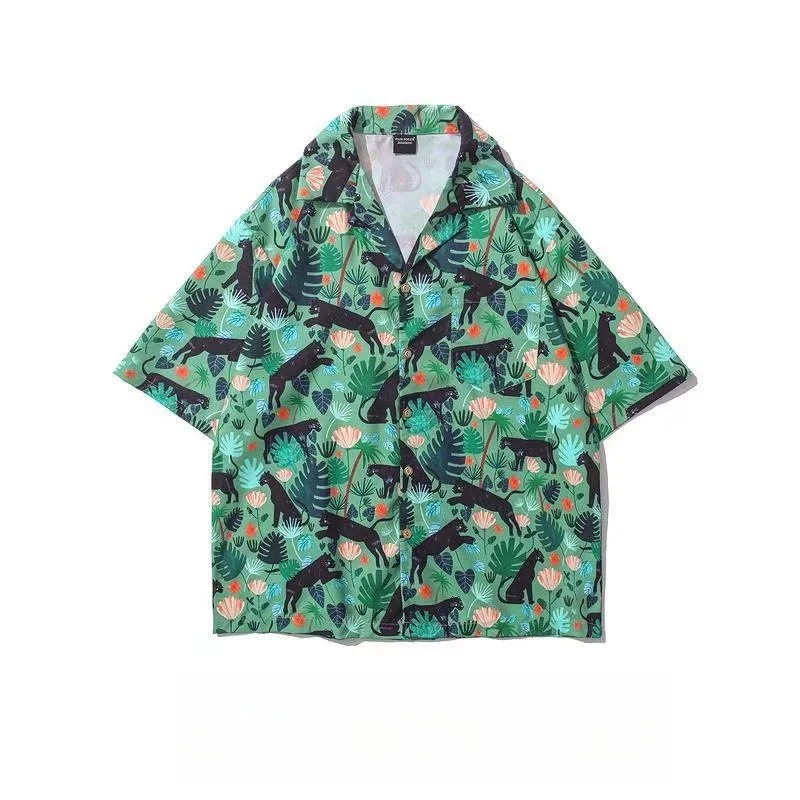 Summer Men's Flip Collar Short Sleeve Hawaiian Vitage Floral Shirt Fashion Handsome Loose Beach Holiday Printed Shirt Jacket