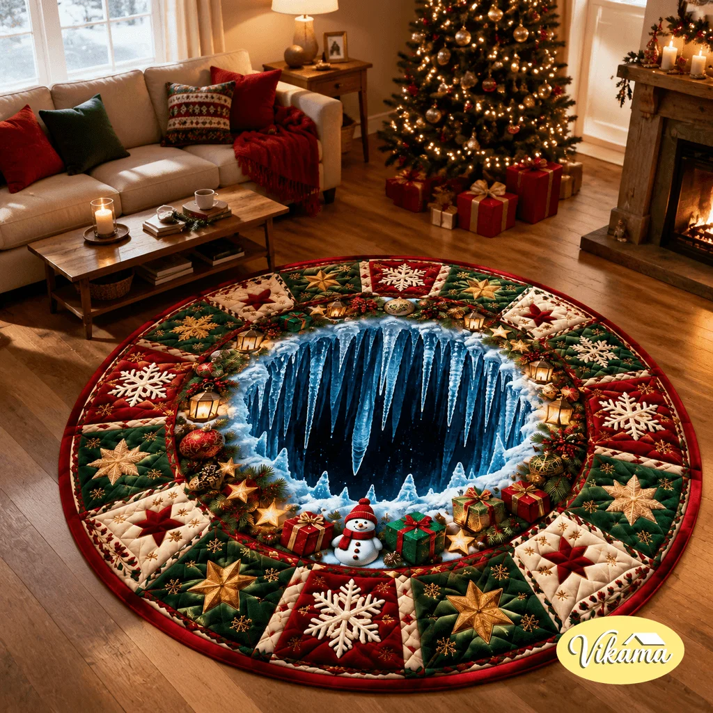 VIKAMA Christmas Decor Carpet 3D Visual Flat Pattern Round Bedroom/Living Room Sofa Coffee Table Rug Durable And Easy To Clean