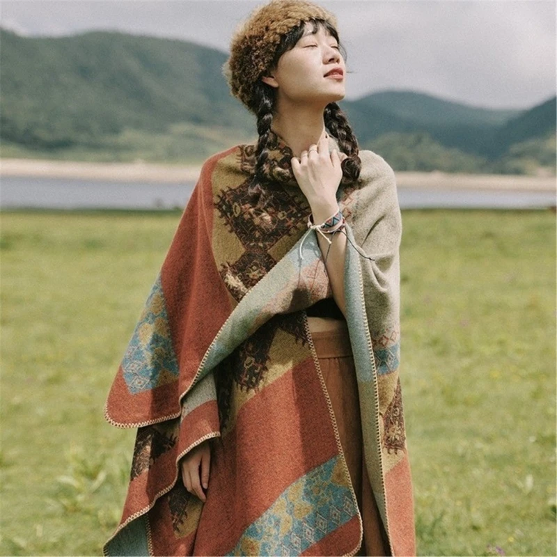 Ethnic Geometric Shawl Cloak Reversible Capes Poncho Travel Vacation Shawl Scarf