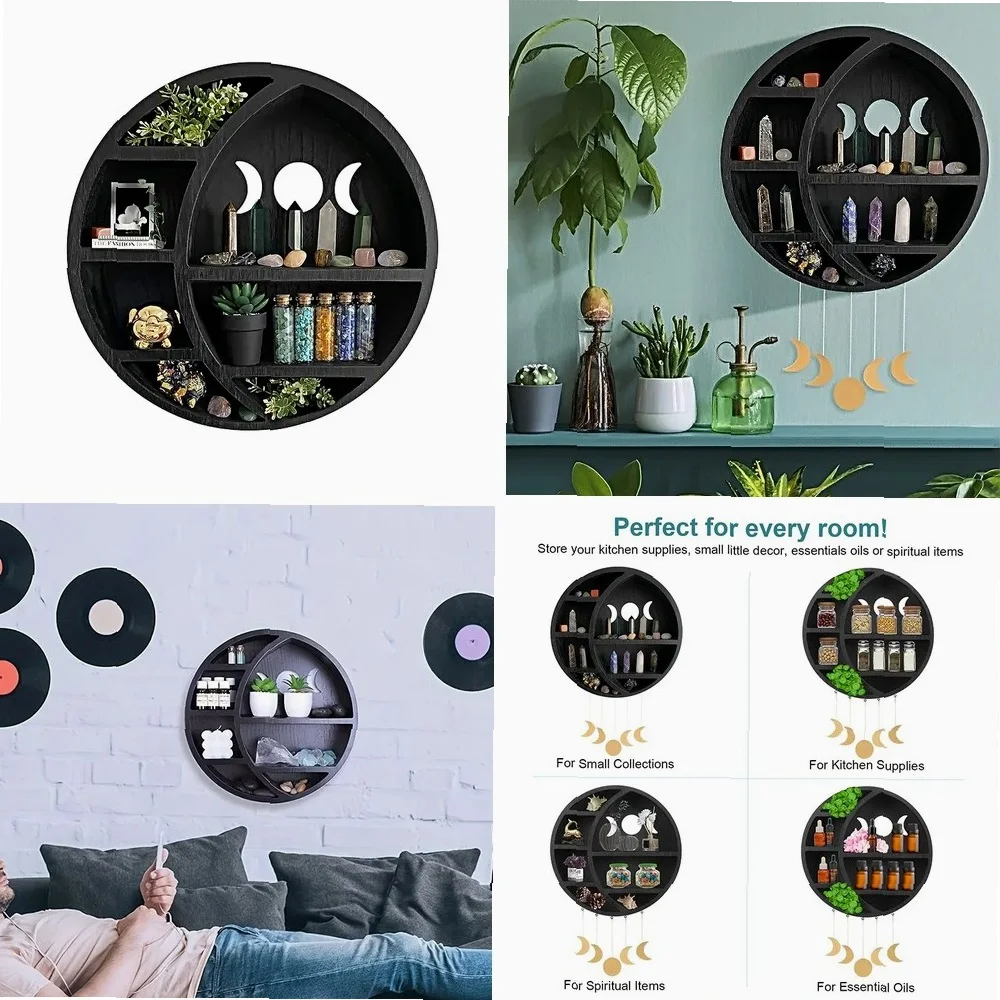 Gothic Witchy Moon Shelf for Crystals, Essential Oils & Plants - Wooden Floating Wall Shelf Decor