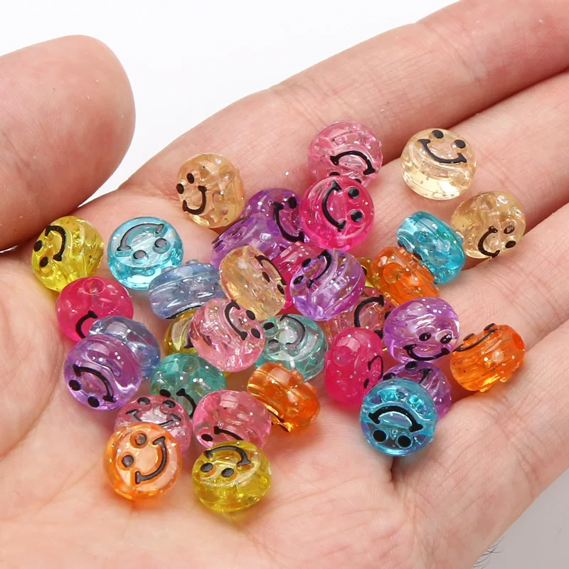 Mixed Color Flat Circular Transparent Smiley Face Pattern 10MM Beads For Jewelry Making Bracelet Necklace DIY Craft Gift