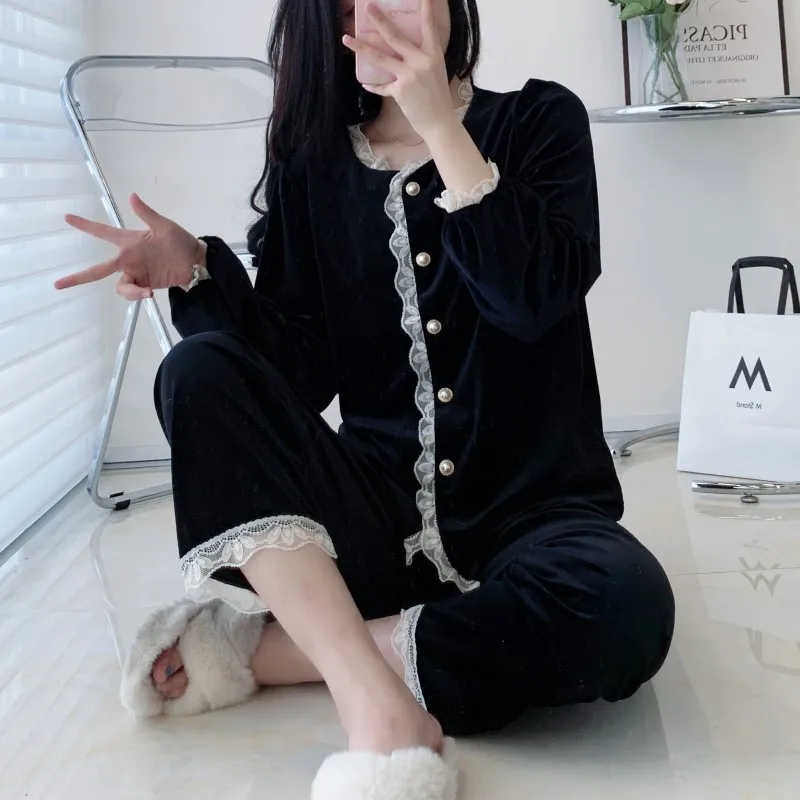 Female Velvet Pajamas Two Piece Set Autumn Winter Velour Sleepwear Long Sleeve Trouser Suits Elegant French Homewear Lounge Wear