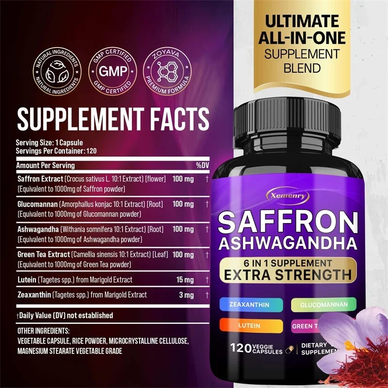 Saffron Supplement Glucomannan Ashwagandha Green Tea Extract Lutein and Zeaxanthin Extract Capsules - Improves Mood and Vision