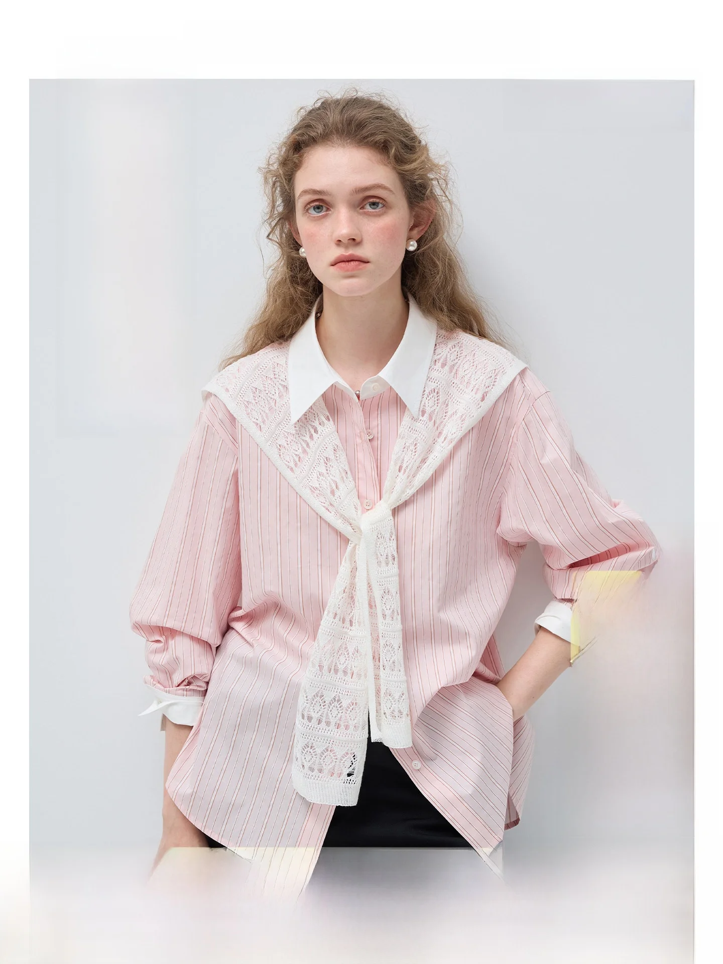 

VEGA CHANG Women's Shirt Wrap Spring 2026 Loose Feelings Pink White Color Korean Style Long Sleeve Regular Length Cardigan