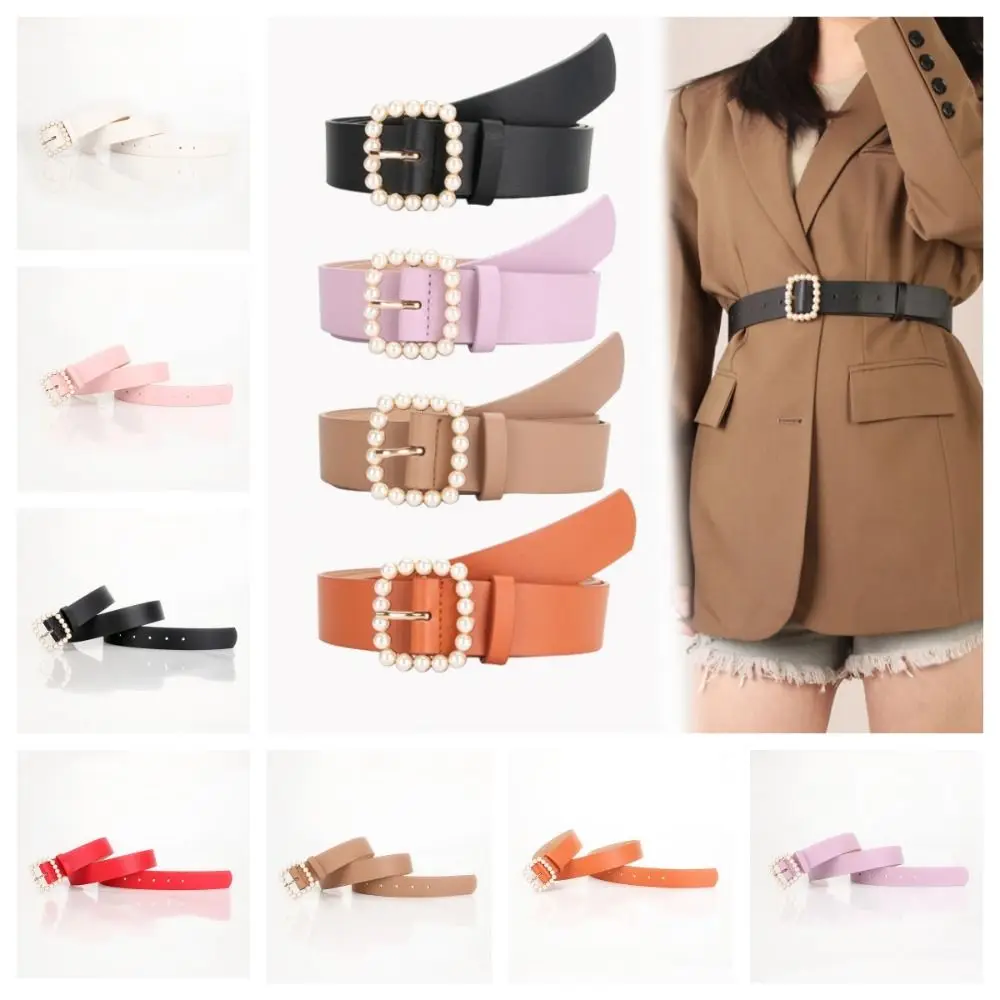 Wide Metal Buckle Belts Simple PU Leather Korean Style Korean Waist Belts Pearl Solid Color Women Waistbands Dress Decoration