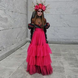Chic Hot Pink Women Long Skirt Tulle Layered Ruffles Prom Skirt Custom Made Fuchsia A Line Tulle Birthday Party Skirts Maxi Tutu