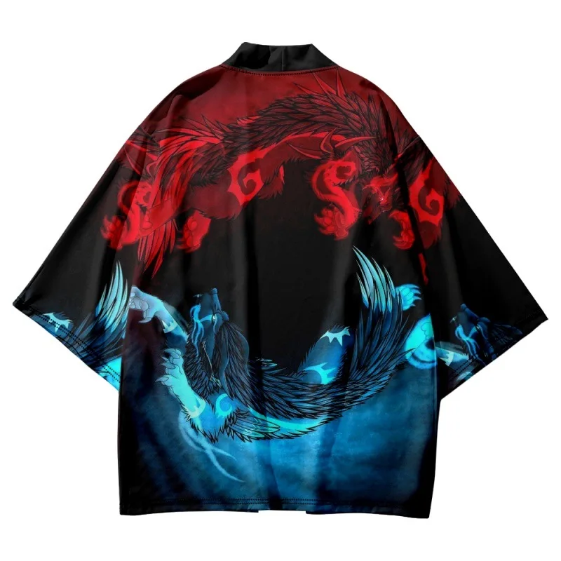 

Water And Fire Wolf Print Japanese Kimono Streetwear Beach Yukata Men Women Cardigan Cosplay Haori Harajuku Tops Robe Clothes