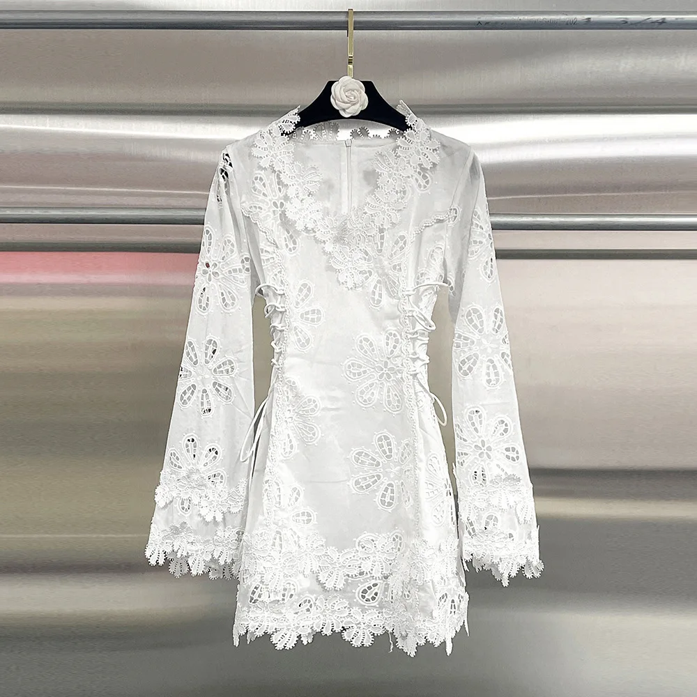 

Women’s White 3D Floral Lace Cutout Stand Collar Long Sleeve Ruched Waist Mini Dress Romantic Date Outfit