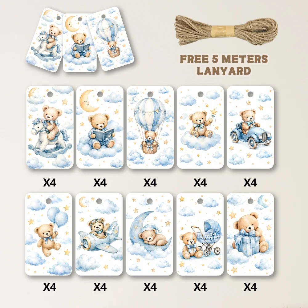 40pcs, Gift Tags, Blue Watercolor Cloud Teddy Bear, Hanging Paper Labels for Gift Wrapping, Holiday Party Decor with String