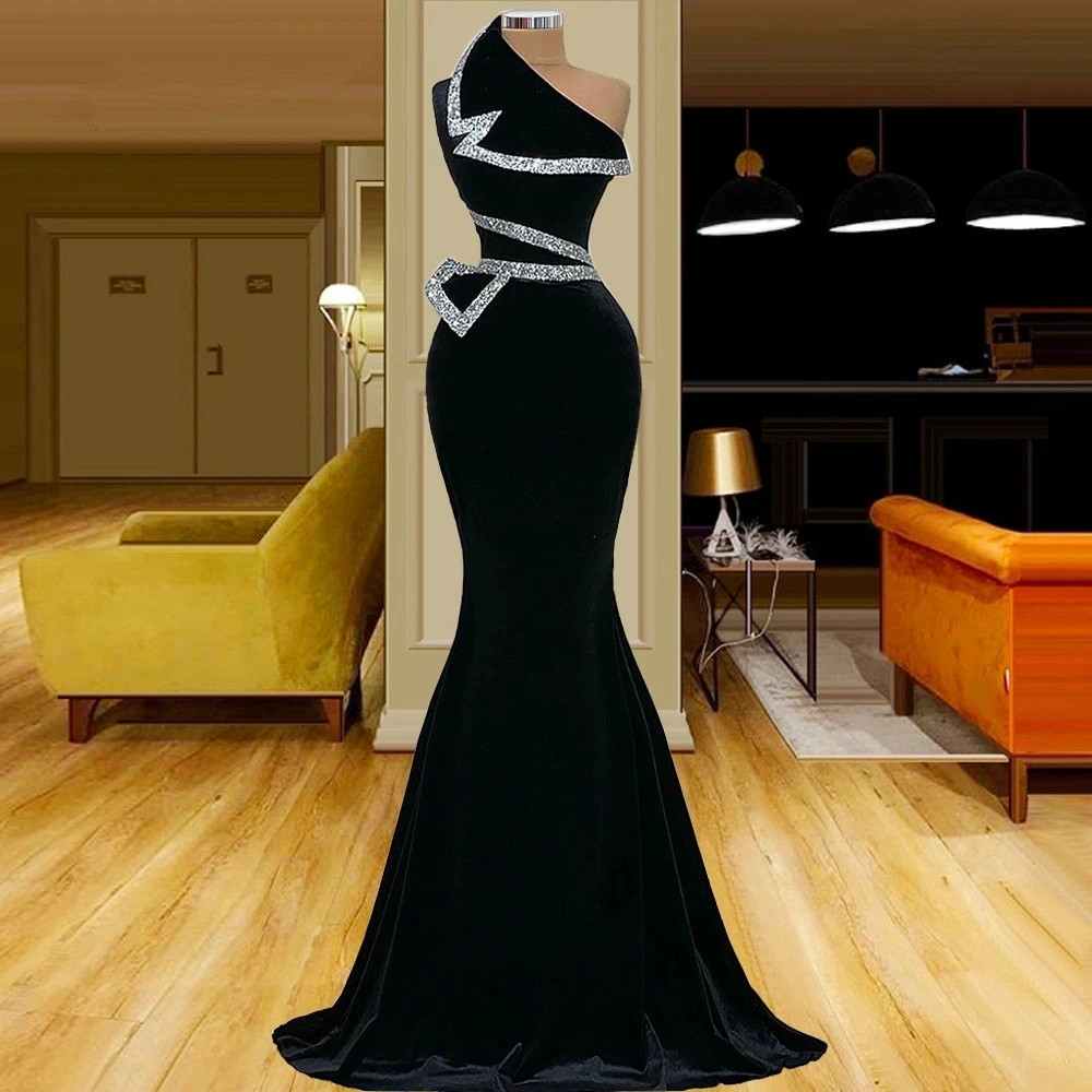 2025 Sexy Mermaid Off Shoulder Sleeveless Prom Gowns Sparkling Velvet Evening Dresses Sexy Sweep Train Customized Party Dresses