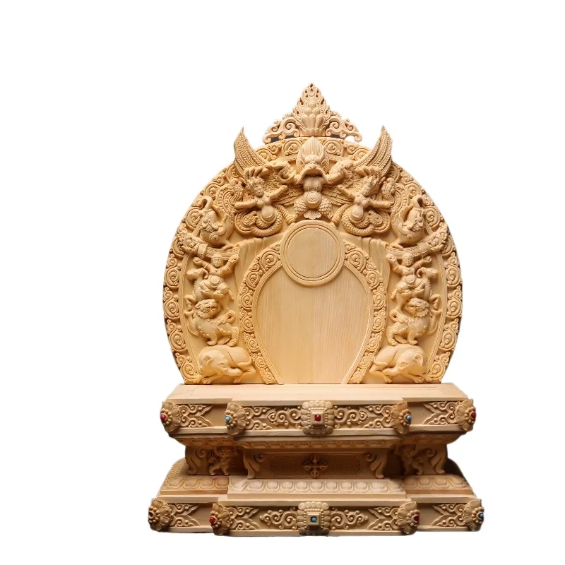 Hand-Carved Hinoki Wood Tibetan Buddha Statue Stand - 15.7