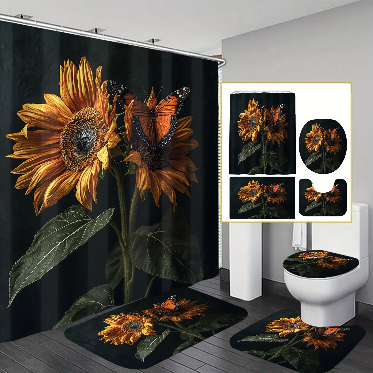 

Waterproof Shower Curtain with a Sunflower And Butterfly Theme, Includes 12 Hooks, Suitable for Rooms, Homes, Hotels, Machine