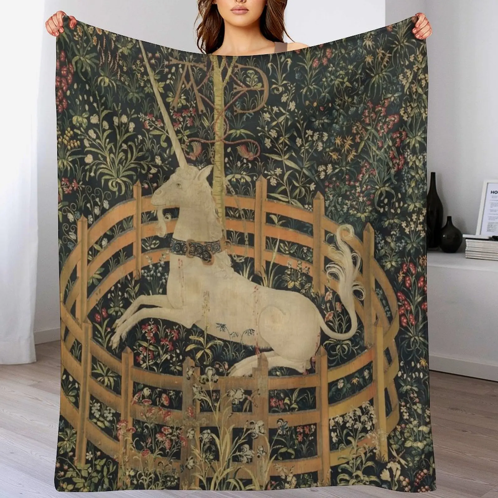 Medieval Unicorn In Captivity Floral Tapestry Throw Blanket Furrys Hairys Sofas Plaid Blankets