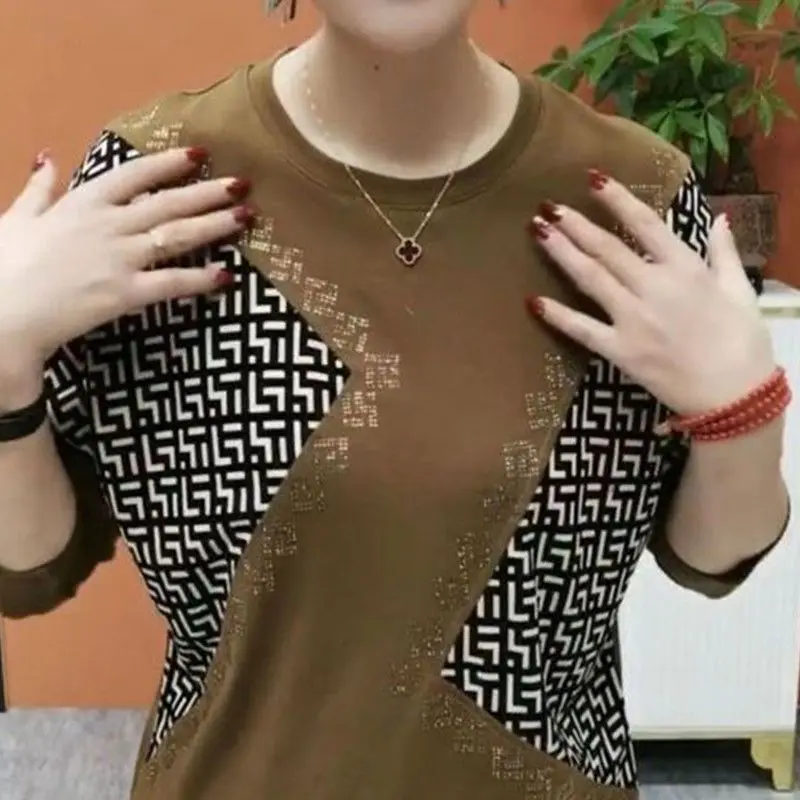 Stylish Geometric Spliced Leopard T-shirt Female Clothing Chic Diamonds Spring Autumn Long Sleeve Casual O-Neck Loose Pullovers