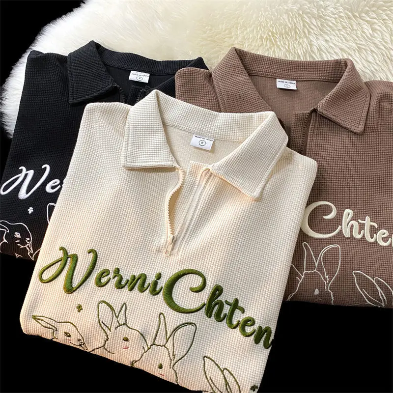 Waffle Polo Shirt Zipper Pullovers Cartoon Rabbit Embroidery Sweatshirt Women Long Sleeve Streetwear Autumn Japanese Fashion Top