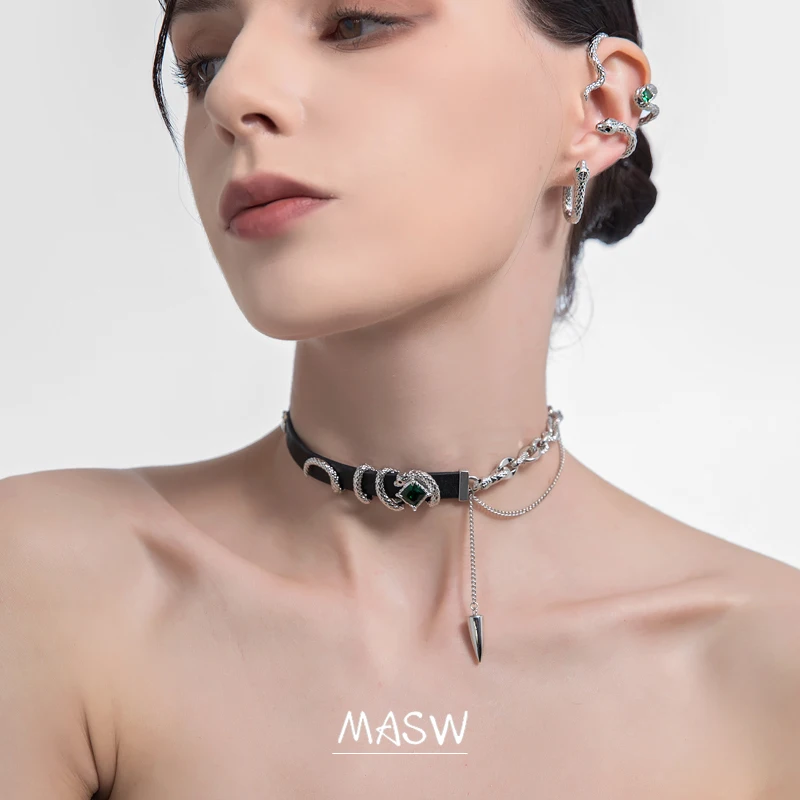 MASW Fashion Choker Necklace Original Design Cool Style Thick Plated Silver Color Chain Black Suede Necklace For Women Jewelry