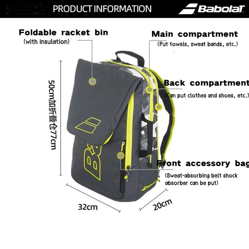 Original Babolat faltbarer Tennis-Rucksack für 2 Schläger, Badminton-Tennisschläger-Tasche für Damen und Herren, Sport-Tenis-Rucksack