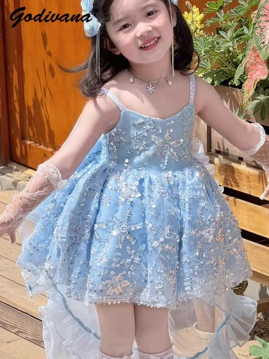 Sweet Baby Girls High End Heavy Luxury Sleeveless Lolita Princess Sundress Kids Summer New Sequin Tulle Birthday Party Ball Gown