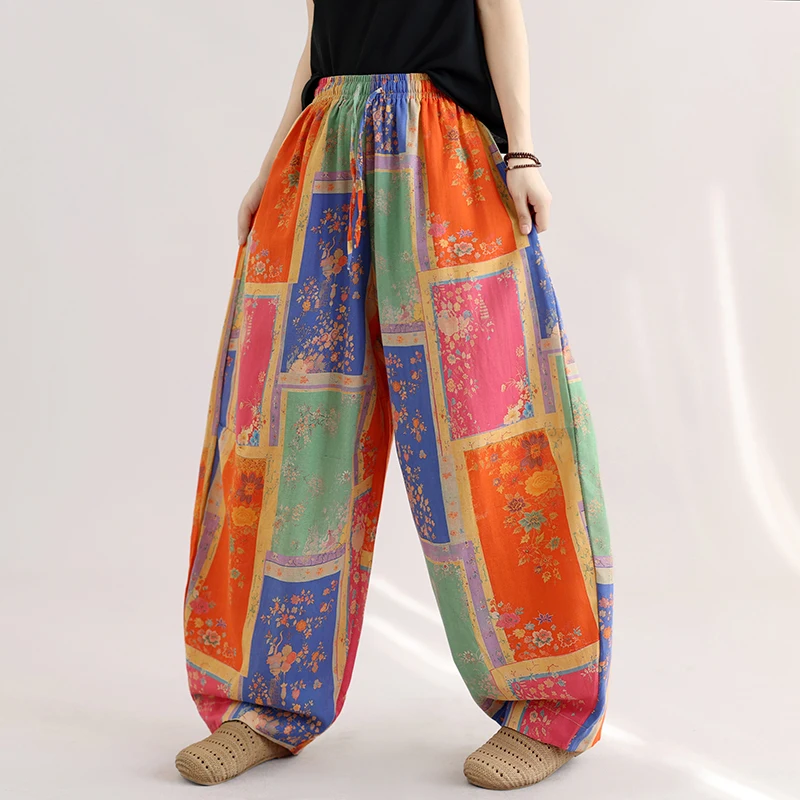 High-Definition Early Autumn Retro Casual Versatile High-Definition Raindrop Flax Print Arc Blade Pants Women's Casual Pants