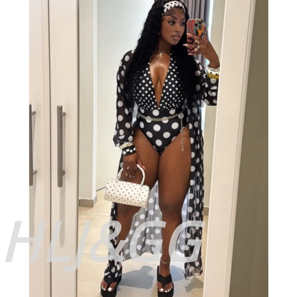 HLJ&GG Summer Polka Dot Print Mesh Bodycon Bodysuit Two Piece Sets Women Long Sleeve Smock+Deep V Jumpsuit Outfits with Hairband