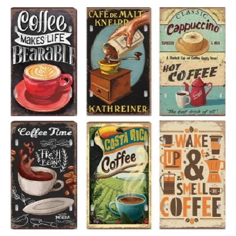 Vintage Coffee Licenses Plate Metal Tin Signs Coffee Time Plaques for Cafe Kitchen Living Room Home Wall Art Decor