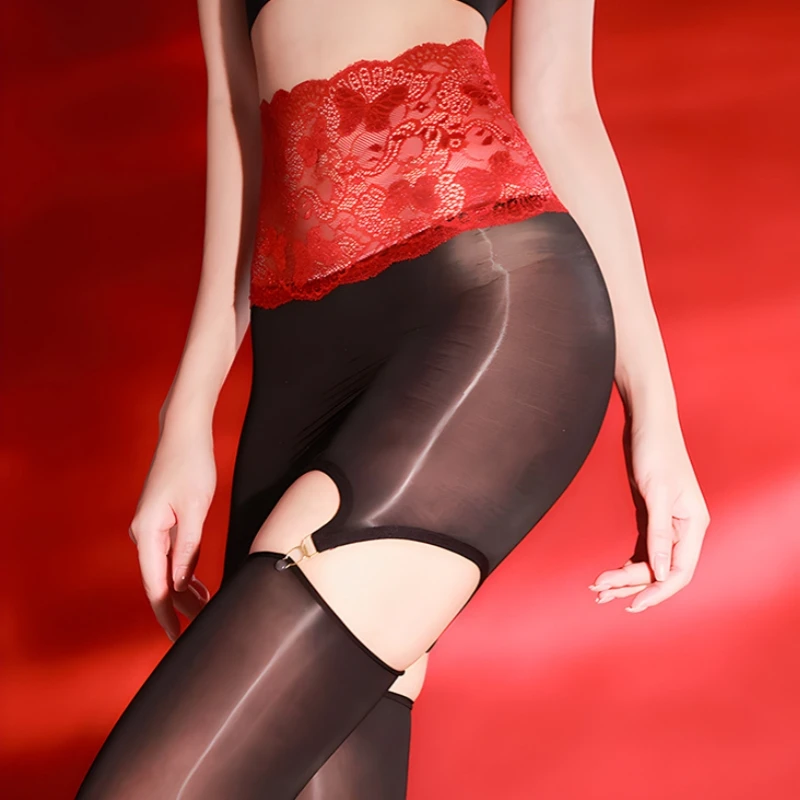 5D Oil Shiny Buttocks Mini Skirt Women Sexy Ultra Thin Transparent Underwear Collocation Hose Garter Belt For Stockings