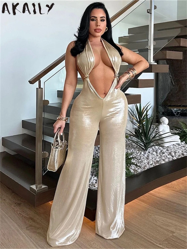 

Akaily Summer Khaki PU Leather Sexy Jumpsuit Midnight Club For Women 2024 Hollow Out Halter Backless Elegant Wide-leg Jumpsuits