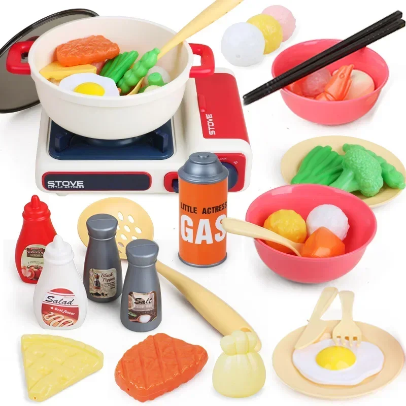 32pcs/set Simulate gas stove pot vegetable Meat music LED Lights kid kitchen toy set Play house Interactive Toy baby best gift