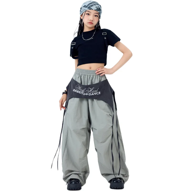 طفل Kpop الهيب هوب الملابس حزام أسود المحاصيل الأعلى تي شيرت رمادي عادية واسعة حزام المظلة السراويل لفتاة الجاز ملابس رقص الملابس