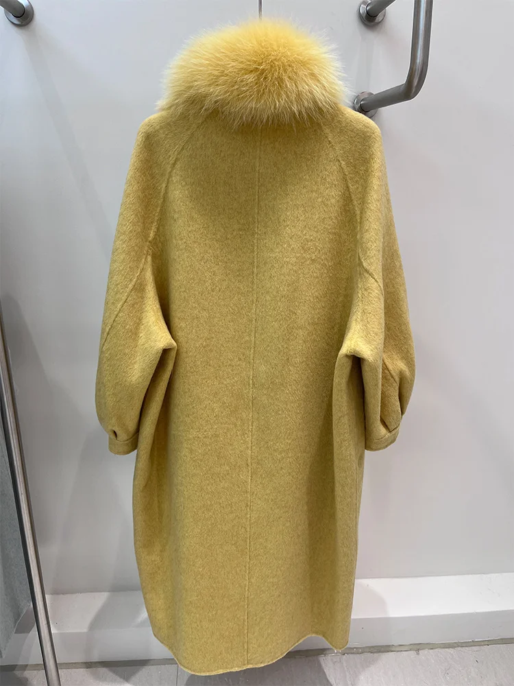 Zimowa kurtka z prawdziwego futra damska długa kaszmirowa wełniana płaszcz z naturalnym kołnierzem z futra lisa szal luksusowa gruba odzież wierzchnia damska