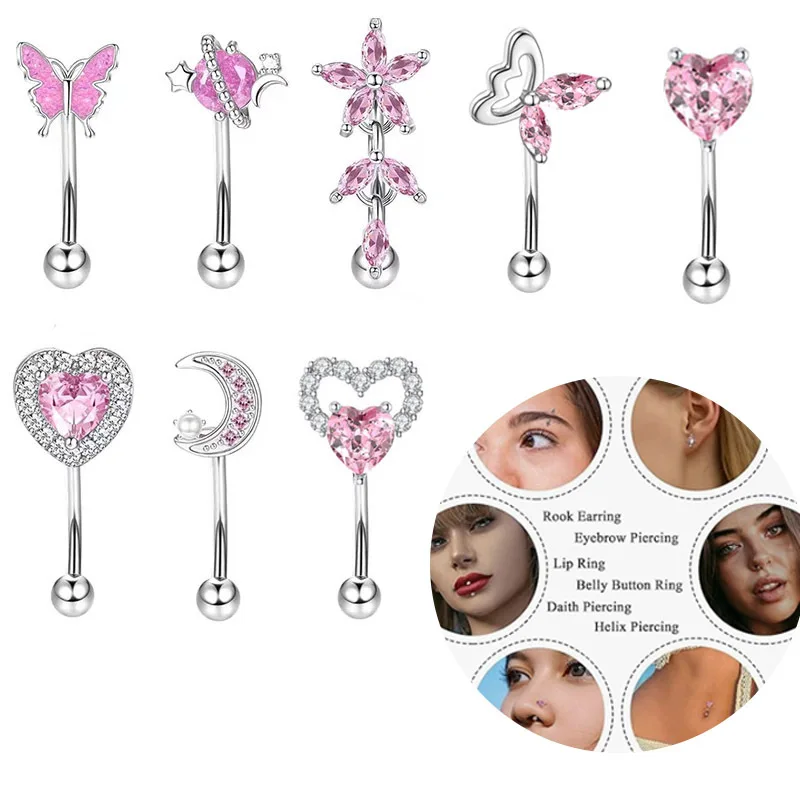 Pink Color Rhinestone Heart Moon Eyebrow Jewelry Delicate Surgical Stainless Steel Piercing Ring Body Piercing Jewelry Gifts