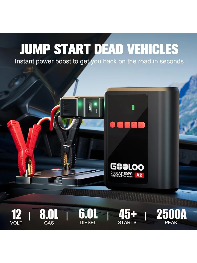 A2 8-in-1 Jump Starter مع ضاغط هواء، معزز بطارية السيارة 2500 أمبير (حتى 8 لتر غاز/6 لتر ديزل) 150 رطل لكل بوصة مربعة إيقاف تلقائي لاسلكي