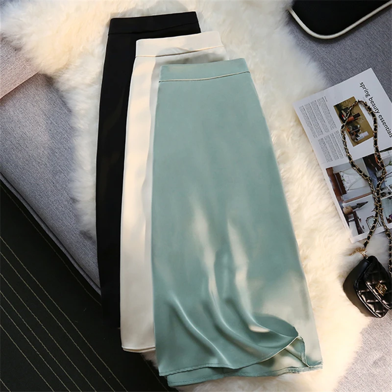 

Seoulish Solid Color High Waist Satin Women's Skirts Summer 2024 New Office Lady A-Line Mid Length Casual Skirts Female Spring