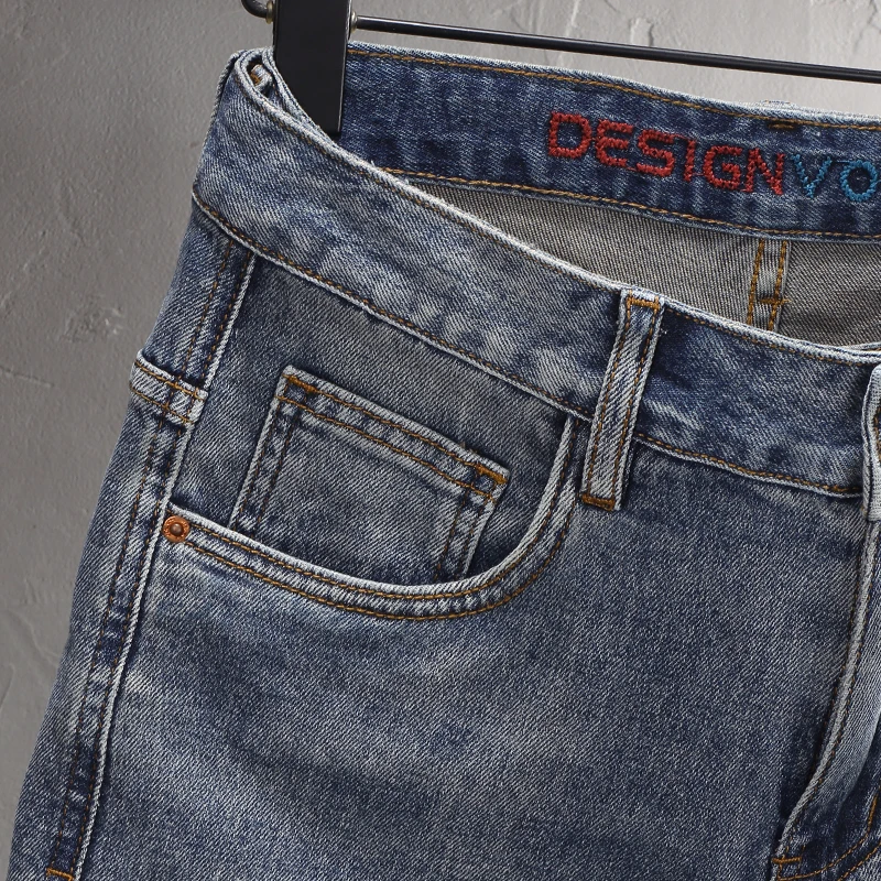 Summer Simple Fashion Men Jeans Retro Washed Blue Elastic Vintage Short Jeans Homme Embroidery Designer Casual Denim Shorts Men
