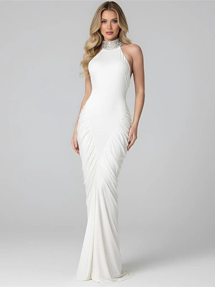 Kilou froncé élégant Robe longue femme bouton rayure licou col roulé dos nu sans manches Robe de bal fête maigre robes