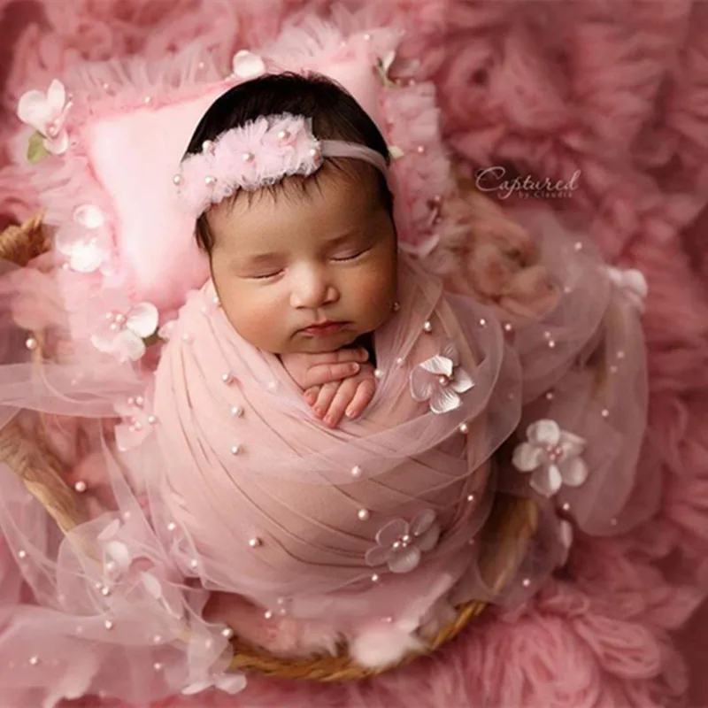 Newborn Photography Clothing Floral Pearl Wrap Mesh Backdrop Studio Shoot Background Blanket Baby Girl Photo Props Accessories